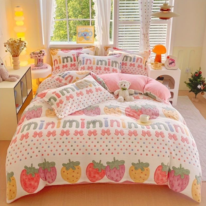 3pcs Floral Strawberry Duvet Cover Set - All-Season Zipper Closure, Machine Washable, Woven Polyester, Active Printing, Includes 2 Pillowcases - Thickened Warm Blanket for Bedroom & Living Room