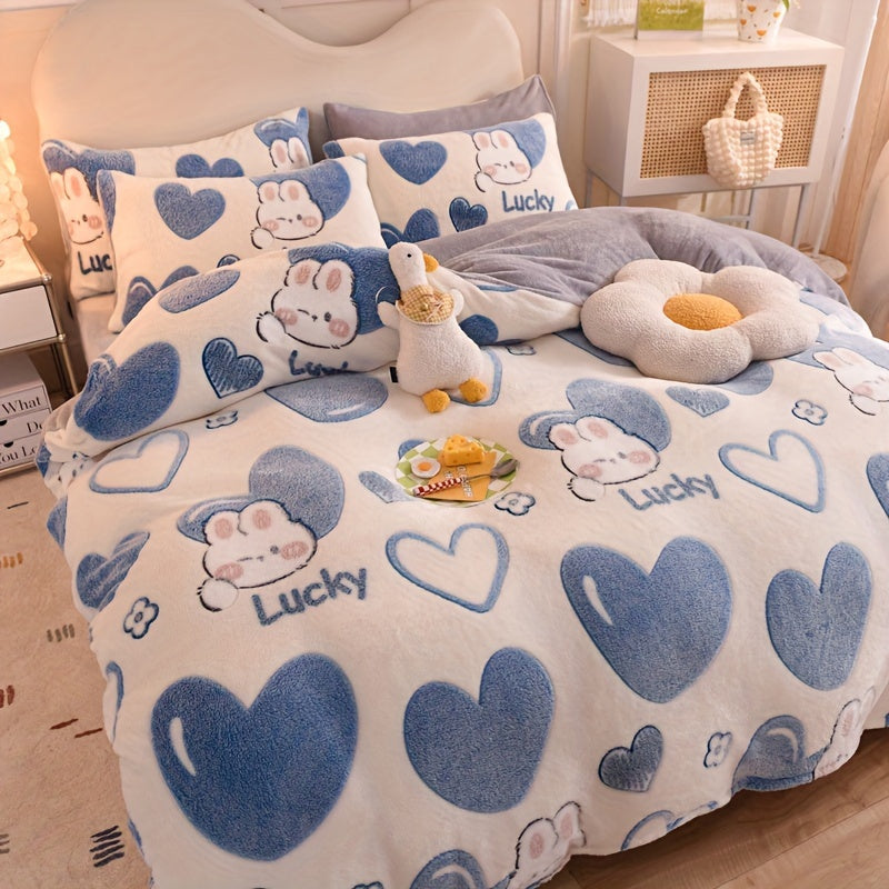 BED COVERS,[3pcs Soft Anime Duvet Set] 3pcs Anime Cartoon Love Pattern Duvet Set, Thickened Double-Sided Velvet, Soft & Warm, Breathable Polyester Bedding with Zipper Closure, Machine Washable, Includes 1 Duvet Cover & 2 Pillowcases (No