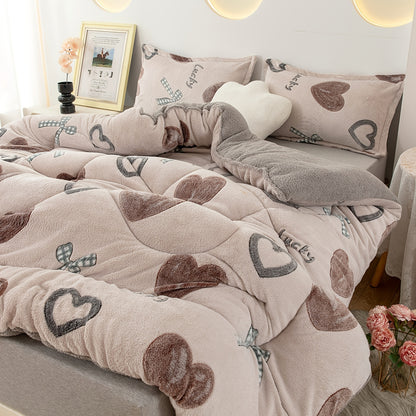 1pc Cozy Love & Bow Quilted Fleece Comforter - Soft Pink with Brown Hearts, Polka Dots & "Lucky" Text Design, Warm Polyester Fabric for Bedroom or Guest Room, All-Season Use, Cute Blanket