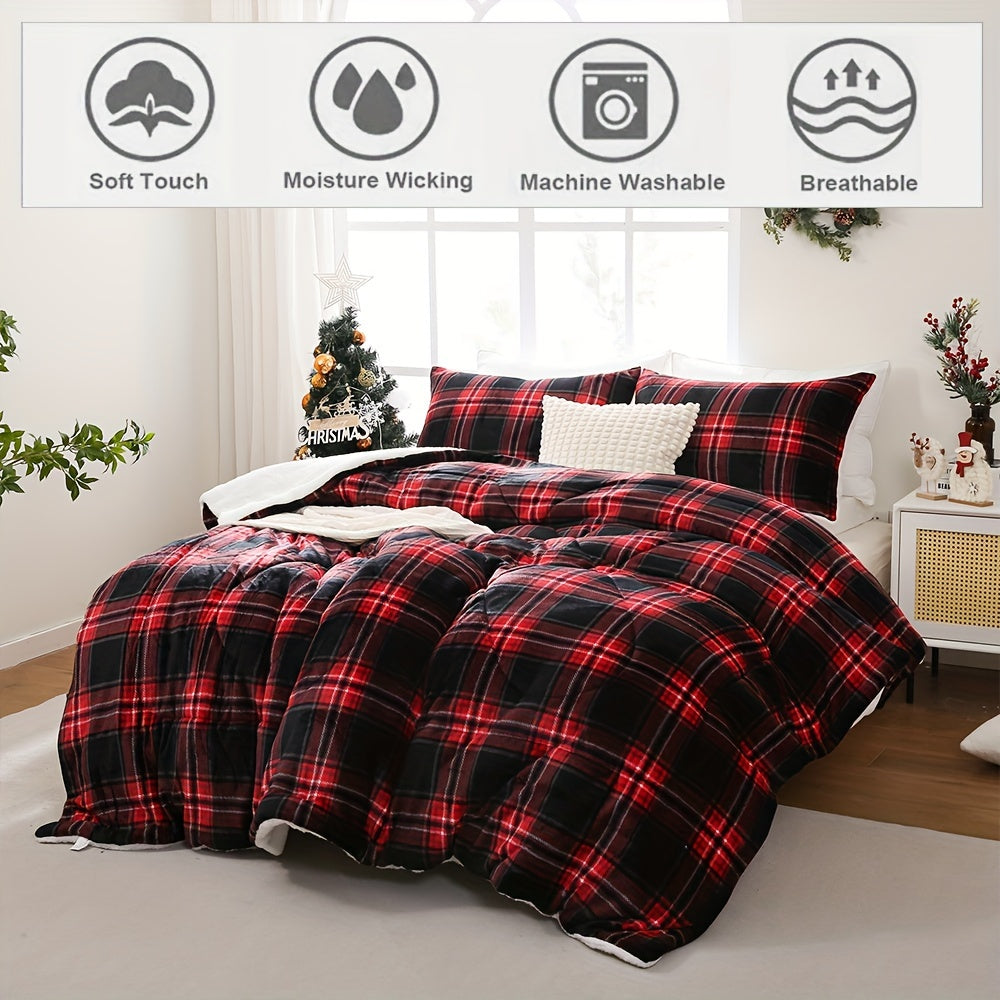 3pcs Comforter Set Valentine'S Day Gifts Luxury Design Sherpa Borrego Blanket Set 200GSM Flannel Cover With 200GSM Sherpa Fleece Back + 250 GSM Polyester Filling Suit For Bedroom Guestroom All Season Soft Quilted Breathable S