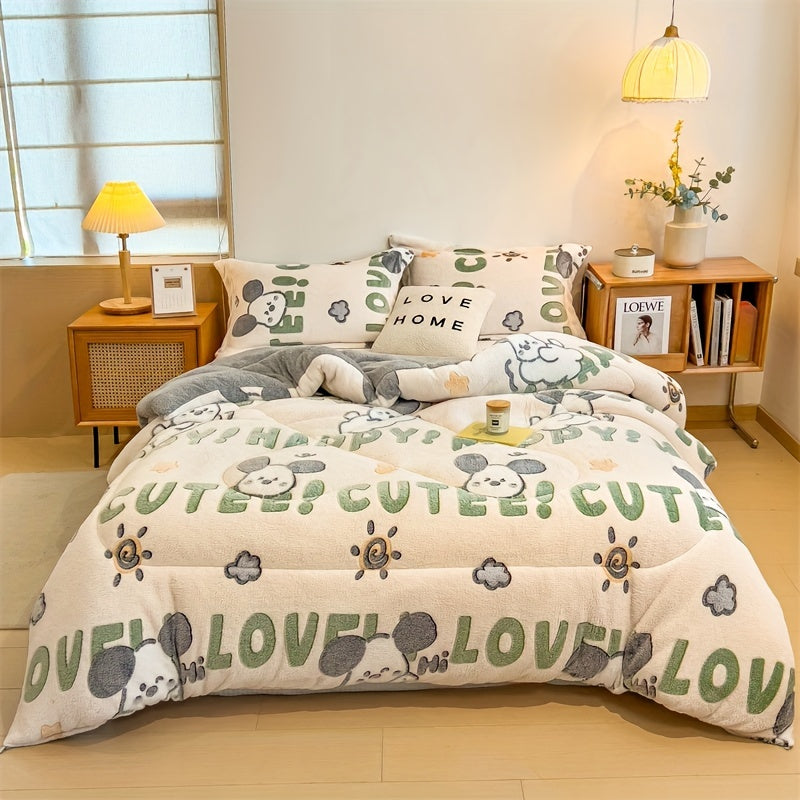 French Style Cartoon Themed Comforter - Hand Washable Carved Velvet Quilt with Digital Print, Polyester Fill, Quilting Craftsmanship, Medium Weight for All Seasons (180-200 g/㎡) - Cozy, Warm Winter Bedding for Bedroom, Gues