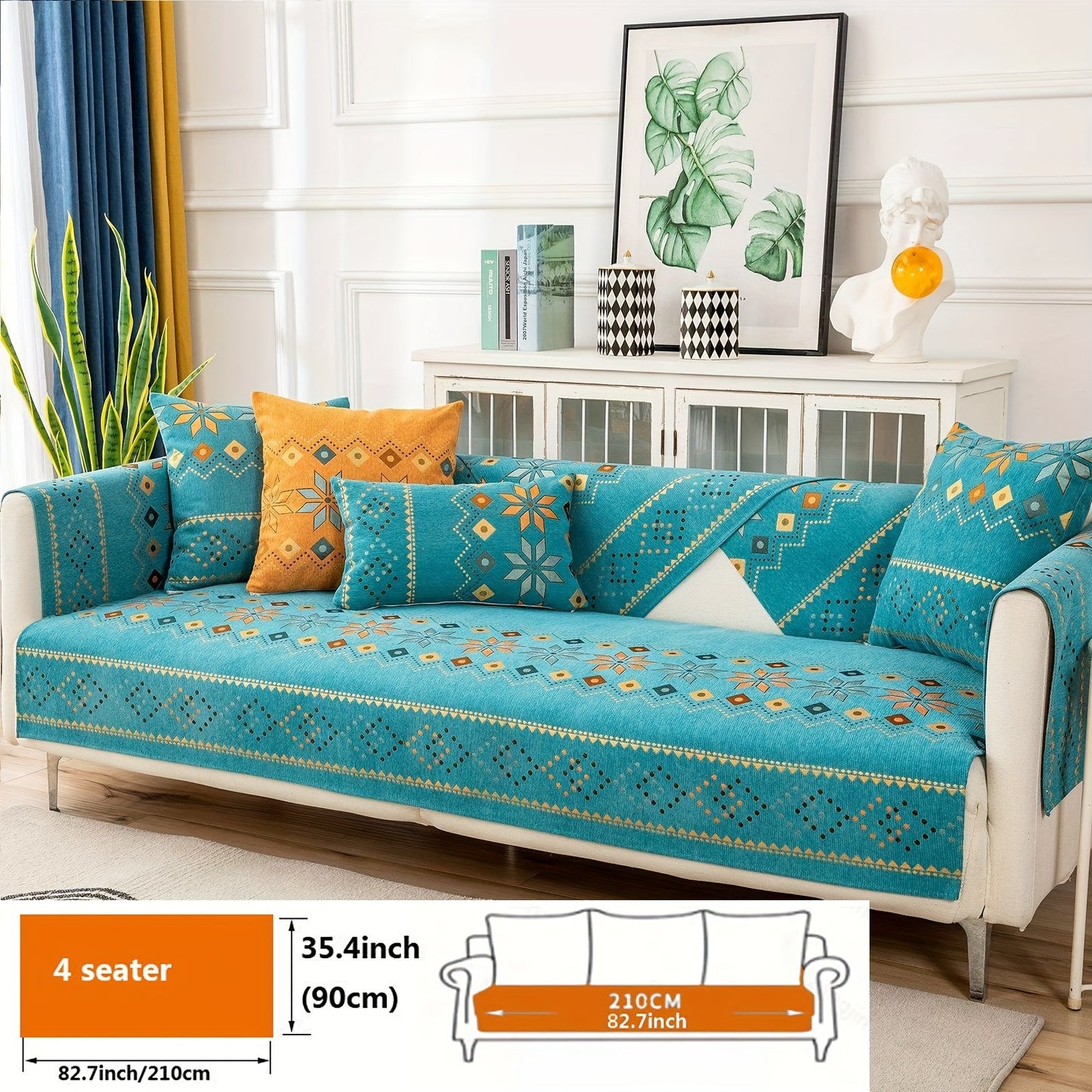 1pc Bohemian Chenille Sofa Slipcover, Geometric Pattern Non-slip Sofa Cover, Furniture Protector For Bedroom Office Living Room Home Decor