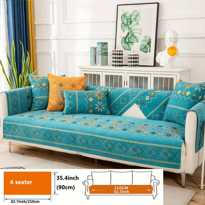 1pc Bohemian Chenille Sofa Slipcover, Geometric Pattern Non-slip Sofa Cover, Furniture Protector For Bedroom Office Living Room Home Decor