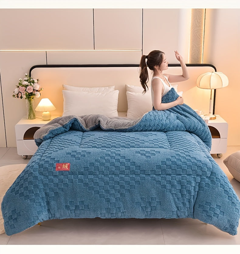 1pc High-Quality Double-Sided Thickened Warm Fleece Winter Comforter, Home Use, Winter Season, Simple Pattern, Multi-Purpose, Milk Fleece, Woven, Quilted, Active Print, Polyester Fill, Polyester Cover, 200-250g Fabric Square