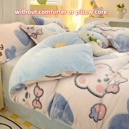 4pcs Preppy Style Bedding Set - Cartoon Bear Pattern, Soft Plush Milk Velvet Comforter Set, Machine Washable, Includes 1 Sheet, 1 Duvet Cover, 2 Pillowcases, Warm Fabric, No Insert - Ideal for Dorm, Bedroom, Guest Room