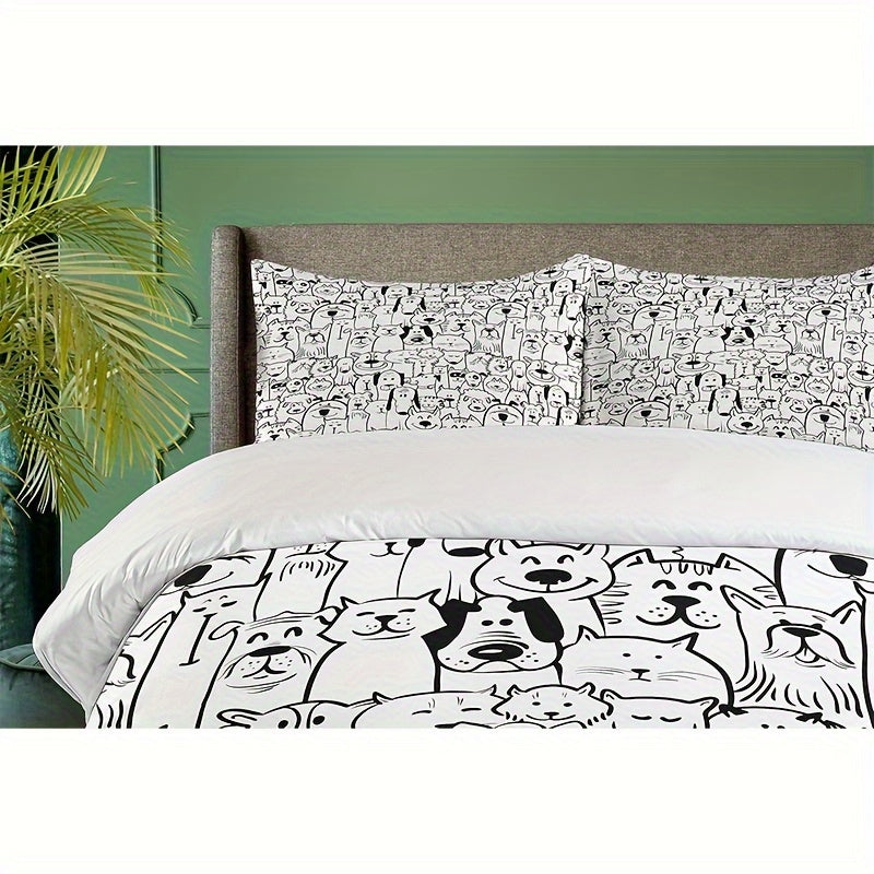 Pet duvet cover, a set of dog and cat animal happy cartoon inspired design, decorated 3pcs bedding set, 1 duvet cover +2 pillowcases, no core, black and white