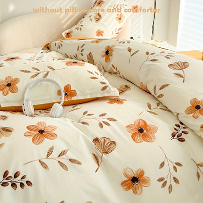 4pcs Flower Print Duvet Cover Set (1*Duvet Cover + 1*Flat Sheet + 2*Pillowcase, Without Core), Floral Leaf Printed Bedding Set, Soft Comfortable Four Seasons Universal Duvet Cover, for Bedroom, Guest Room