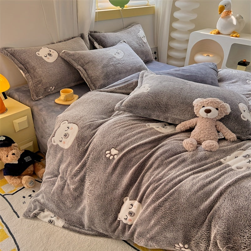 3pcs Animal Print Quilt Cover Set - Long Fleece, All-Season, Cute Bear Design, Machine Washable, Polyester Fabric, No Duvet Included, Zipper Closure, Woven Craftsmanship, 160-180g Fabric Square Weight