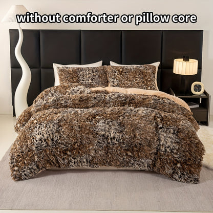 3pcs Luxurious Leopard Print Faux Fur Bedding Set - Ultra-Soft, Cozy & Shaggy Duvet Cover and 2 Plush Pillowcases, Zip Closure, All-Season Comfort, Machine Washable, Polyester 100.0% - Perfect for Modern Chic Bedrooms