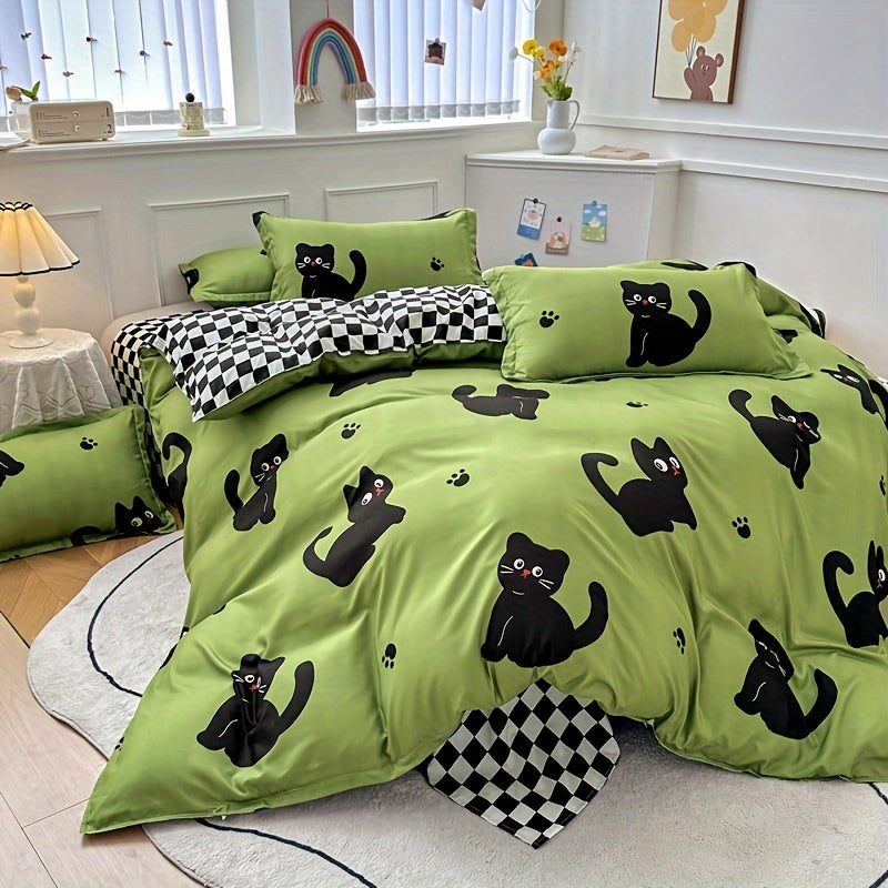 3pcs Whimsy Cat Print Duvet Cover Set, Soft Breathable Polyester Bedding with Zipper Closure, Machine Washable, All-Season Comfort, Sanded Craftsmanship, 80-85gsm - Quilt Cover and 2 Pillowcases (No Insert)