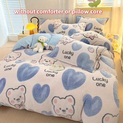 4pcs Preppy Style Bedding Set - Cartoon Bear Pattern, Soft Plush Milk Velvet Comforter Set, Machine Washable, Includes 1 Sheet, 1 Duvet Cover, 2 Pillowcases, Warm Fabric, No Insert - Ideal for Dorm, Bedroom, Guest Room