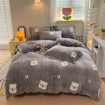 3pcs Animal Print Quilt Cover Set - Long Fleece, All-Season, Cute Bear Design, Machine Washable, Polyester Fabric, No Duvet Included, Zipper Closure, Woven Craftsmanship, 160-180g Fabric Square Weight