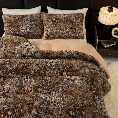 3pcs Luxurious Leopard Print Faux Fur Bedding Set - Ultra-Soft, Cozy & Shaggy Duvet Cover and 2 Plush Pillowcases, Zip Closure, All-Season Comfort, Machine Washable, Polyester 100.0% - Perfect for Modern Chic Bedrooms