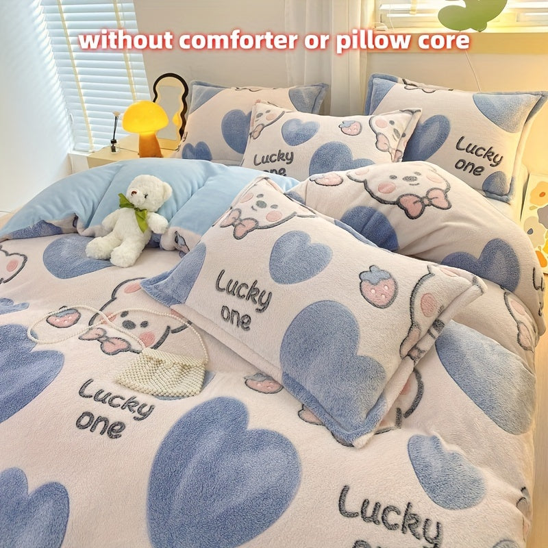 4pcs Preppy Style Bedding Set - Cartoon Bear Pattern, Soft Plush Milk Velvet Comforter Set, Machine Washable, Includes 1 Sheet, 1 Duvet Cover, 2 Pillowcases, Warm Fabric, No Insert - Ideal for Dorm, Bedroom, Guest Room