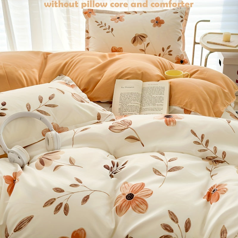 4pcs Flower Print Duvet Cover Set (1*Duvet Cover + 1*Flat Sheet + 2*Pillowcase, Without Core), Floral Leaf Printed Bedding Set, Soft Comfortable Four Seasons Universal Duvet Cover, for Bedroom, Guest Room