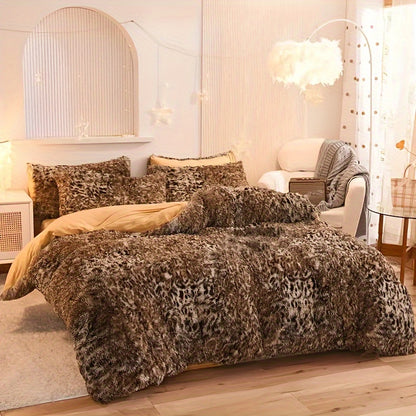 BED COVERS, [3pcs Luxurious Leopard Print Duvet] 3pcs Luxurious Leopard Print Faux Fur Duvet Cover Set, Fluffy Shaggy Duvet Cover With 2 Pillowcases (No Core), Ultra-Soft And Warm Duvet Set For Bedroom Decor