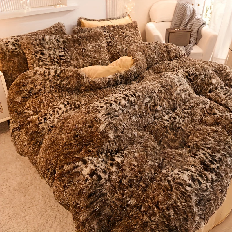 BED COVERS, [3pcs Luxurious Leopard Print Duvet] 3pcs Luxurious Leopard Print Faux Fur Duvet Cover Set, Fluffy Shaggy Duvet Cover With 2 Pillowcases (No Core), Ultra-Soft And Warm Duvet Set For Bedroom Decor