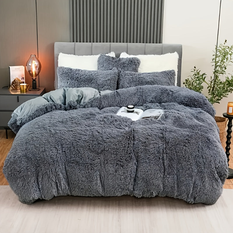 Plush Duvet Cover Set Valentine's Day Gift, Luxury Ultra Soft Velvet Duvet Cover Set Fluffy Plush Shaggy Bedding Sets 4pcs (1 Duvet Cover + 2 Pillow Case + 1 Pillow Cover) Zipper Closure, Birthday Gift