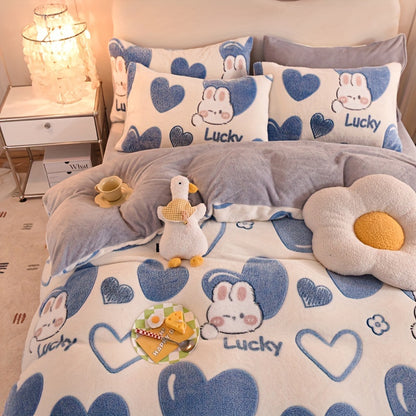 BED COVERS,[3pcs Soft Anime Duvet Set] 3pcs Anime Cartoon Love Pattern Duvet Set, Thickened Double-Sided Velvet, Soft & Warm, Breathable Polyester Bedding with Zipper Closure, Machine Washable, Includes 1 Duvet Cover & 2 Pillowcases (No