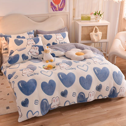 BED COVERS,[3pcs Soft Anime Duvet Set] 3pcs Anime Cartoon Love Pattern Duvet Set, Thickened Double-Sided Velvet, Soft & Warm, Breathable Polyester Bedding with Zipper Closure, Machine Washable, Includes 1 Duvet Cover & 2 Pillowcases (No