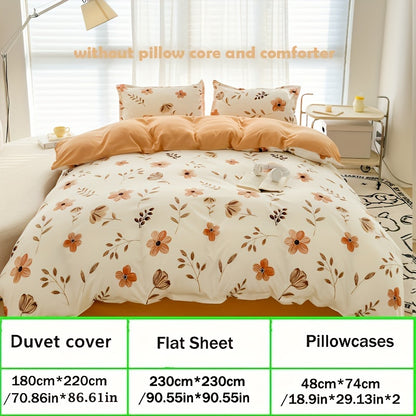 4pcs Flower Print Duvet Cover Set (1*Duvet Cover + 1*Flat Sheet + 2*Pillowcase, Without Core), Floral Leaf Printed Bedding Set, Soft Comfortable Four Seasons Universal Duvet Cover, for Bedroom, Guest Room